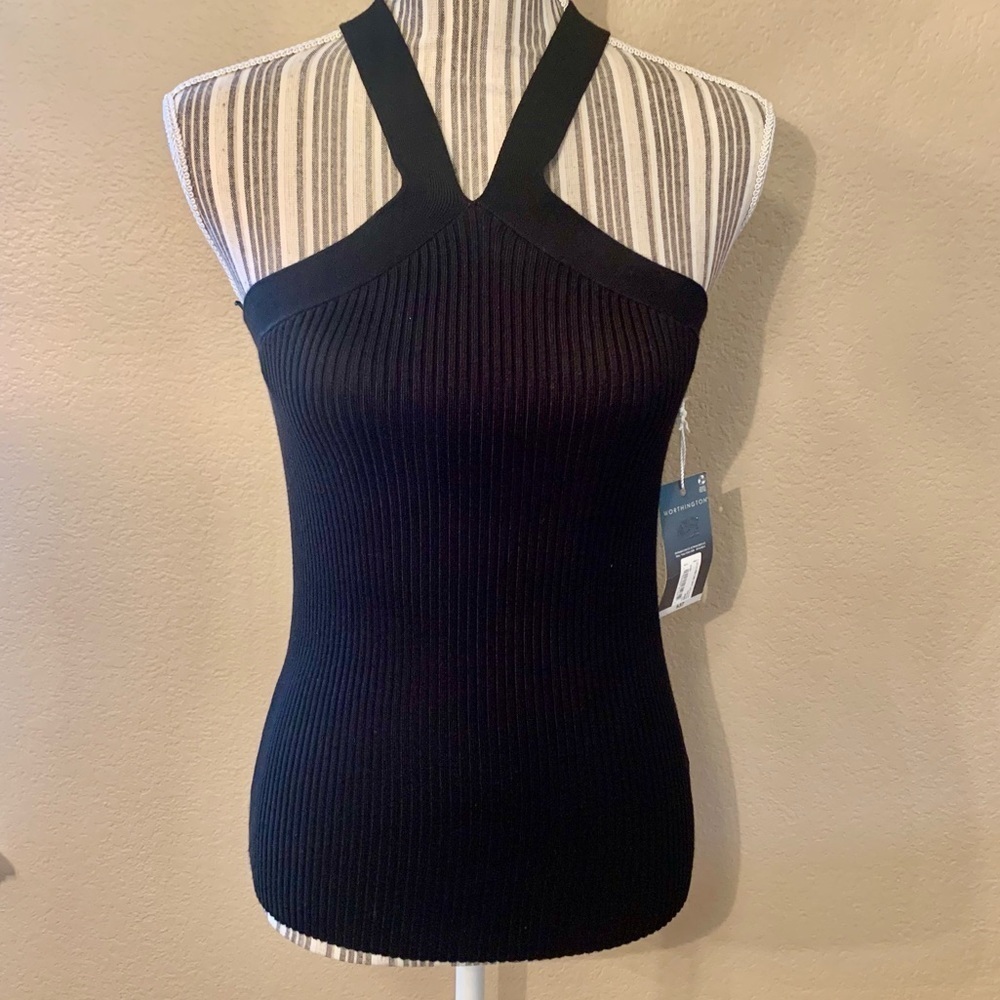 NWT Worthington Top Medium Black Ribbed Tank Long Inside Straps Rayon Nylon